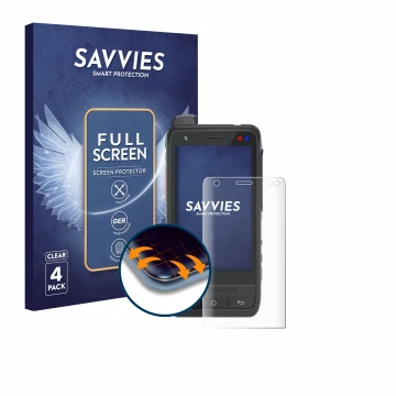 Vorderseite einer Produktverpackung mit dem Markenlogo Savvies. Daneben ist das Gerät Uniwa F400 mit dem zugehörigen Displaysc