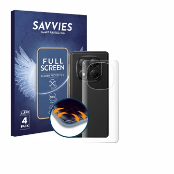 Vorderseite einer Produktverpackung mit dem Markenlogo Savvies. Daneben ist das Gerät Xiaomi Redmi Note 14 Pro 4G (Rückseite) 