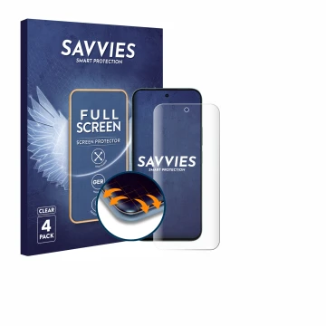 Vorderseite einer Produktverpackung mit dem Markenlogo Savvies. Daneben ist das Gerät Honor X6c mit dem zugehörigen Displaysch
