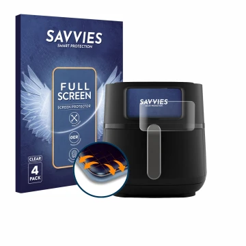 Vorderseite einer Produktverpackung mit dem Markenlogo Savvies. Daneben ist das Gerät Philips Airfryer 5000 Series XXL 7,2L mi