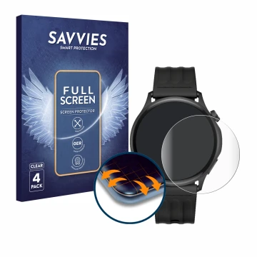 Vorderseite einer Produktverpackung mit dem Markenlogo Savvies. Daneben ist das Gerät OnePlus Watch Lite mit dem zugehörigen D