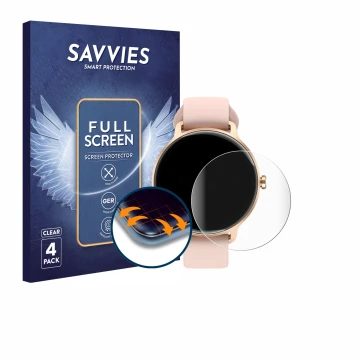 Vorderseite einer Produktverpackung mit dem Markenlogo Savvies. Daneben ist das Gerät Yoever Smartwatch 1.27