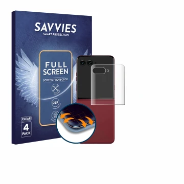 Vorderseite einer Produktverpackung mit dem Markenlogo Savvies. Daneben ist das Gerät Motorola Razr Ultra 2025 (Hinteres Displ
