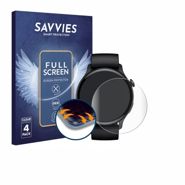 Vorderseite einer Produktverpackung mit dem Markenlogo Savvies. Daneben ist das Gerät EKO Connected Watch 5.2 mit dem zugehöri
