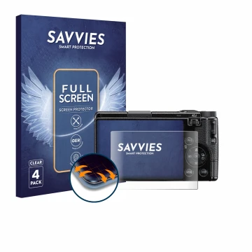 Vorderseite einer Produktverpackung mit dem Markenlogo Savvies. Daneben ist das Gerät Ricoh GR IV HDF 2025 mit dem zugehörigen