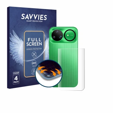 Vorderseite einer Produktverpackung mit dem Markenlogo Savvies. Daneben ist das Gerät Huawei Nova 15 Ultra (Rückseite) mit dem