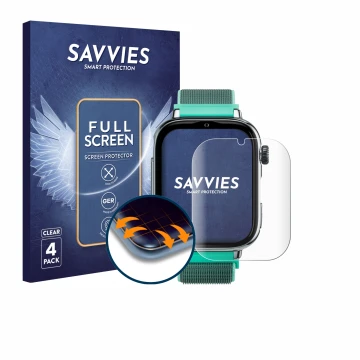 Vorderseite einer Produktverpackung mit dem Markenlogo Savvies. Daneben ist das Gerät SaveFamily SaveWatch Plus 2 mit dem zuge