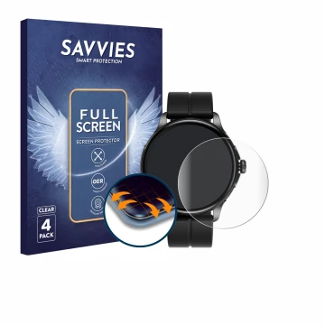 Vorderseite einer Produktverpackung mit dem Markenlogo Savvies. Daneben ist das Gerät HMD Watch X1 mit dem zugehörigen Display