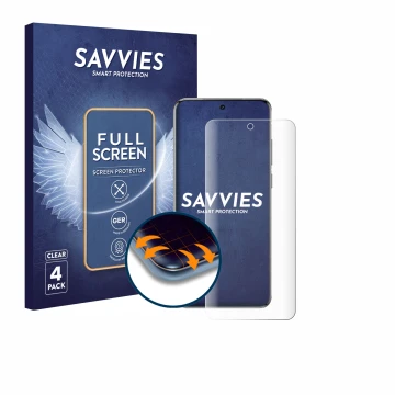 Vorderseite einer Produktverpackung mit dem Markenlogo Savvies. Daneben ist das Gerät Vivo X200T mit dem zugehörigen Displaysc