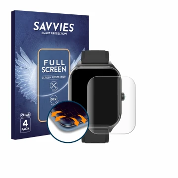 Vorderseite einer Produktverpackung mit dem Markenlogo Savvies. Daneben ist das Gerät FORRLITE Smartwatch 2.01