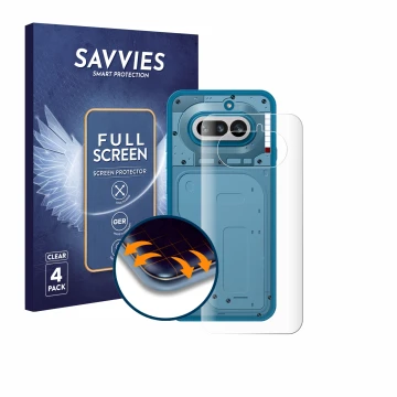 Vorderseite einer Produktverpackung mit dem Markenlogo Savvies. Daneben ist das Gerät Nothing Phone (4a) (Rückseite) mit dem z