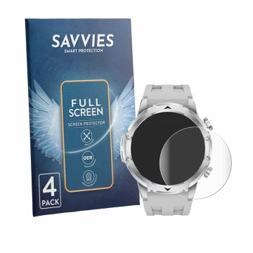 Vorderseite einer Produktverpackung mit dem Markenlogo Savvies. Daneben ist das Gerät FitVigor Smartwatch 1.53