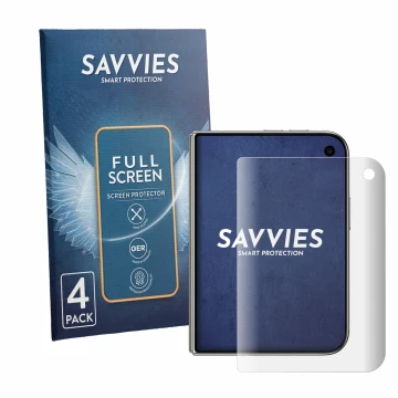 Vorderseite einer Produktverpackung mit dem Markenlogo Savvies. Daneben ist das Gerät Apple iPhone Duo mit dem zugehörigen Dis