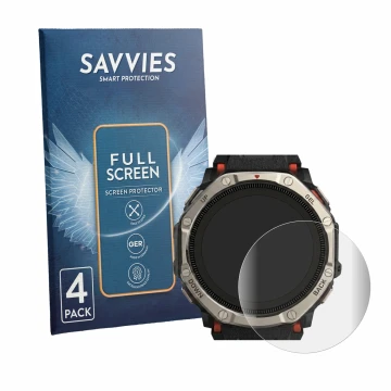 Vorderseite einer Produktverpackung mit dem Markenlogo Savvies. Daneben ist das Gerät Huami Amazfit T-Rex Dual Solar mit dem z