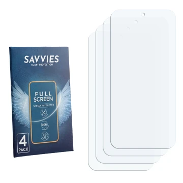 Vorderseite einer Produktverpackung mit dem Markenlogo Savvies. Daneben ist der zugehörige Displayschutz.