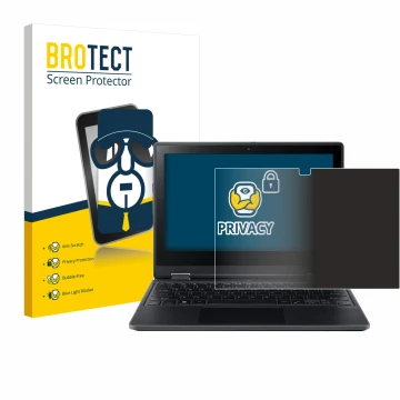 Vorderseite einer Produktverpackung mit dem Markenlogo BROTECT. Daneben ist das Gerät Acer TravelMate Spin B3 mit dem zugehöri