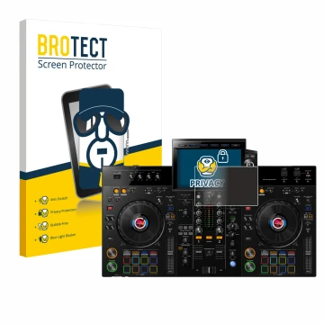 Vorderseite einer Produktverpackung mit dem Markenlogo BROTECT. Daneben ist das Gerät Pioneer XDJ-RX3 mit dem zugehörigen Disp