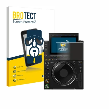 Vorderseite einer Produktverpackung mit dem Markenlogo BROTECT. Daneben ist das Gerät Pioneer CDJ 3000X mit dem zugehörigen Di