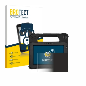 Vorderseite einer Produktverpackung mit dem Markenlogo BROTECT. Daneben ist das Gerät Zebra XPad L10ax mit dem zugehörigen Dis