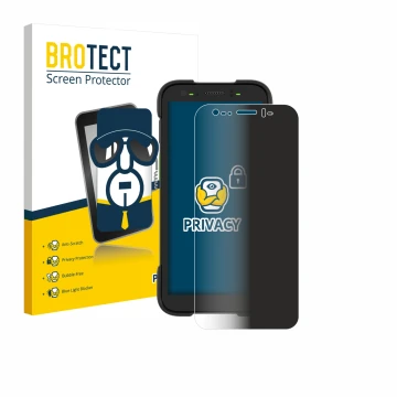 Vorderseite einer Produktverpackung mit dem Markenlogo BROTECT. Daneben ist das Gerät Zebra TC701 mit dem zugehörigen Displays