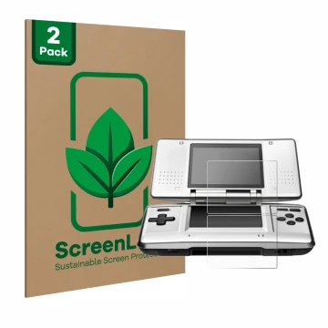 Vorderseite einer Produktverpackung mit dem Markenlogo ScreenLeaf. Daneben ist das Gerät Nintendo DS mit dem zugehörigen Displ