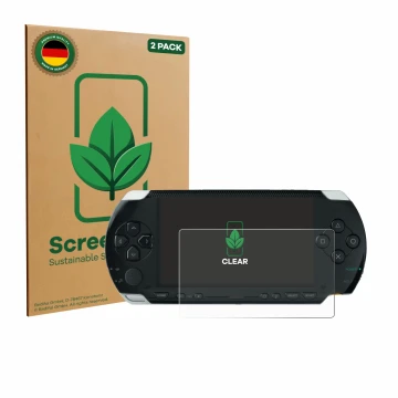 Vorderseite einer Produktverpackung mit dem Markenlogo ScreenLeaf. Daneben ist das Gerät Sony PSP 1000 mit dem zugehörigen Dis