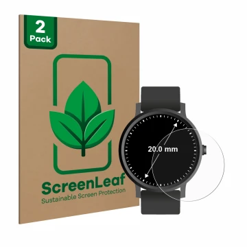 Vorderseite einer Produktverpackung mit dem Markenlogo ScreenLeaf. Daneben ist das Gerät Armbanduhren (Kreisrund, ø: 20 mm) mi