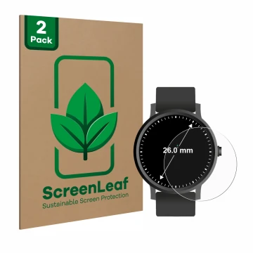 Vorderseite einer Produktverpackung mit dem Markenlogo ScreenLeaf. Daneben ist das Gerät Armbanduhren (Kreisrund, ø: 26 mm) mi