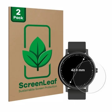 Vorderseite einer Produktverpackung mit dem Markenlogo ScreenLeaf. Daneben ist das Gerät Armbanduhren (Kreisrund, ø: 42 mm) mi