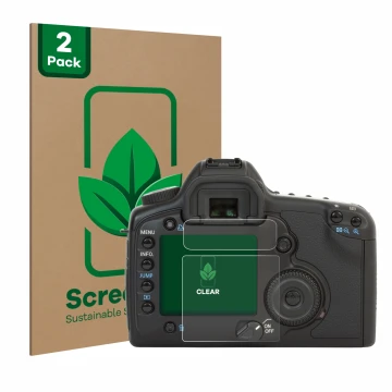 Vorderseite einer Produktverpackung mit dem Markenlogo ScreenLeaf. Daneben ist das Gerät Canon EOS 5D mit dem zugehörigen Disp