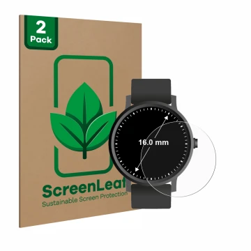 Vorderseite einer Produktverpackung mit dem Markenlogo ScreenLeaf. Daneben ist das Gerät Armbanduhren (Kreisrund, ø: 16 mm) mi