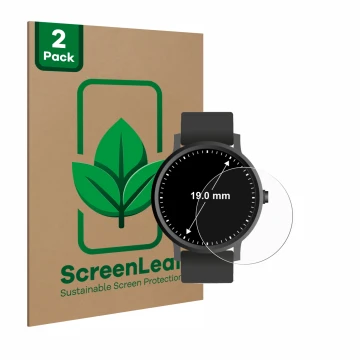 Vorderseite einer Produktverpackung mit dem Markenlogo ScreenLeaf. Daneben ist das Gerät Armbanduhren (Kreisrund, ø: 19 mm) mi