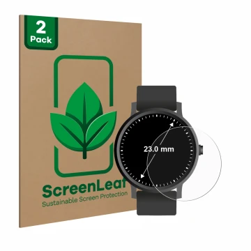 Vorderseite einer Produktverpackung mit dem Markenlogo ScreenLeaf. Daneben ist das Gerät Armbanduhren (Kreisrund, ø: 23 mm) mi
