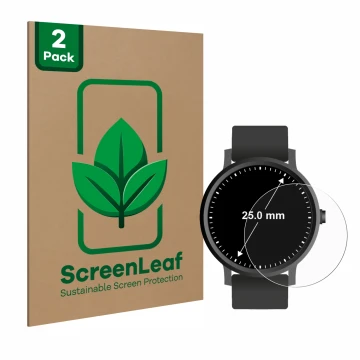 Vorderseite einer Produktverpackung mit dem Markenlogo ScreenLeaf. Daneben ist das Gerät Armbanduhren (Kreisrund, ø: 25 mm) mi