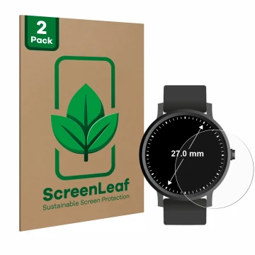 Vorderseite einer Produktverpackung mit dem Markenlogo ScreenLeaf. Daneben ist das Gerät Armbanduhren (Kreisrund, ø: 27 mm) mi