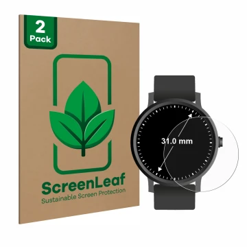 Vorderseite einer Produktverpackung mit dem Markenlogo ScreenLeaf. Daneben ist das Gerät Armbanduhren (Kreisrund, ø: 31 mm) mi