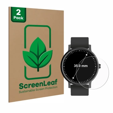 Vorderseite einer Produktverpackung mit dem Markenlogo ScreenLeaf. Daneben ist das Gerät Armbanduhren (Kreisrund, ø: 35 mm) mi