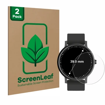 Vorderseite einer Produktverpackung mit dem Markenlogo ScreenLeaf. Daneben ist das Gerät Armbanduhren (Kreisrund, ø: 39 mm) mi