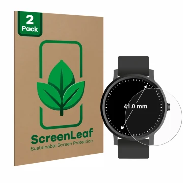 Vorderseite einer Produktverpackung mit dem Markenlogo ScreenLeaf. Daneben ist das Gerät Armbanduhren (Kreisrund, ø: 41 mm) mi