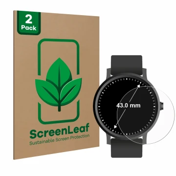 Vorderseite einer Produktverpackung mit dem Markenlogo ScreenLeaf. Daneben ist das Gerät Armbanduhren (Kreisrund, ø: 43 mm) mi