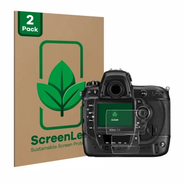 Vorderseite einer Produktverpackung mit dem Markenlogo ScreenLeaf. Daneben ist das Gerät Nikon D3 mit dem zugehörigen Displays