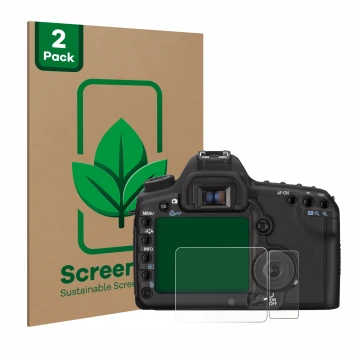 Vorderseite einer Produktverpackung mit dem Markenlogo ScreenLeaf. Daneben ist das Gerät Canon EOS 5D Mark II mit dem zugehöri
