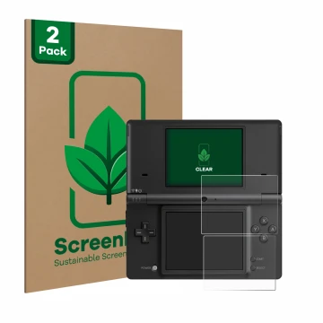 Vorderseite einer Produktverpackung mit dem Markenlogo ScreenLeaf. Daneben ist das Gerät Nintendo DSi mit dem zugehörigen Disp