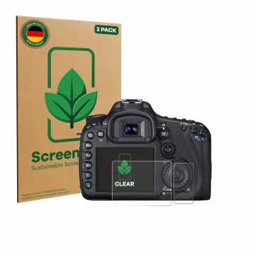 Vorderseite einer Produktverpackung mit dem Markenlogo ScreenLeaf. Daneben ist das Gerät Canon EOS 7D mit dem zugehörigen Disp