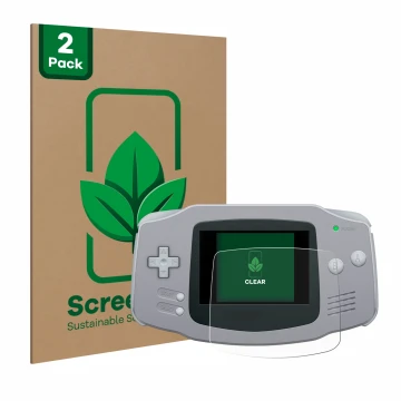 Vorderseite einer Produktverpackung mit dem Markenlogo ScreenLeaf. Daneben ist das Gerät Nintendo Gameboy Advance GBA mit dem 