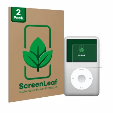 Vorderseite einer Produktverpackung mit dem Markenlogo ScreenLeaf. Daneben ist das Gerät Apple iPod classic 160 GB (7. Gen.) m