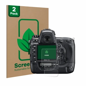 Vorderseite einer Produktverpackung mit dem Markenlogo ScreenLeaf. Daneben ist das Gerät Nikon D3S mit dem zugehörigen Display