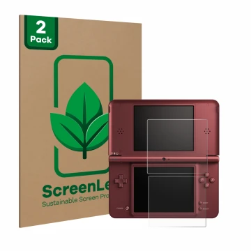 Vorderseite einer Produktverpackung mit dem Markenlogo ScreenLeaf. Daneben ist das Gerät Nintendo DSi XL mit dem zugehörigen D