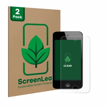 Vorderseite einer Produktverpackung mit dem Markenlogo ScreenLeaf. Daneben ist das Gerät Apple iPod Touch (4. Gen.) mit dem zu