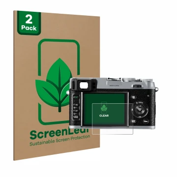 Vorderseite einer Produktverpackung mit dem Markenlogo ScreenLeaf. Daneben ist das Gerät Fujifilm FinePix X100 mit dem zugehör